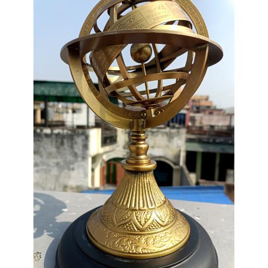 Armillary Sphere Brass Astrolabe On Wood Base ~Maritime Nautical Collectible ~ Table Décor Celestial Globe Retro Gift