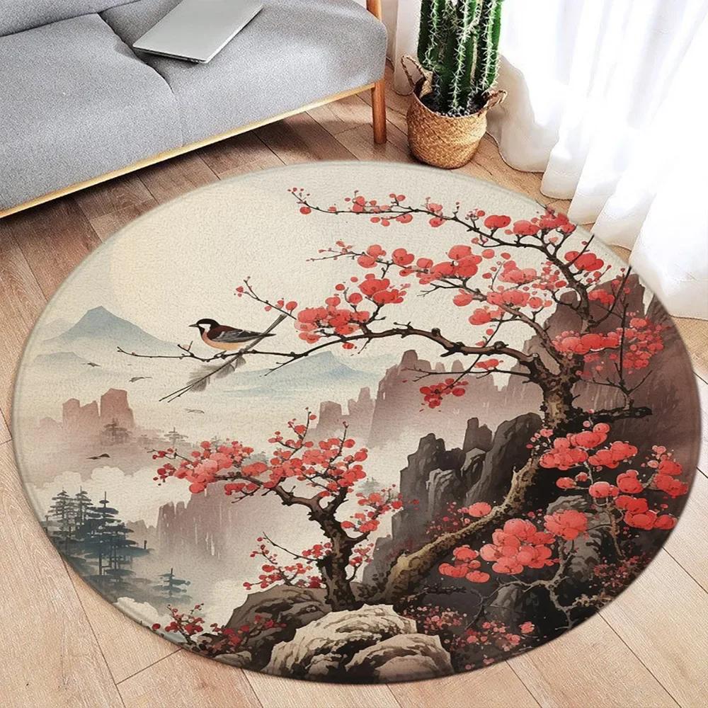 Round Rug – Koi Lotus Cherry Blossom Ink Art Carpet for Living Room Bedroom Home Decor