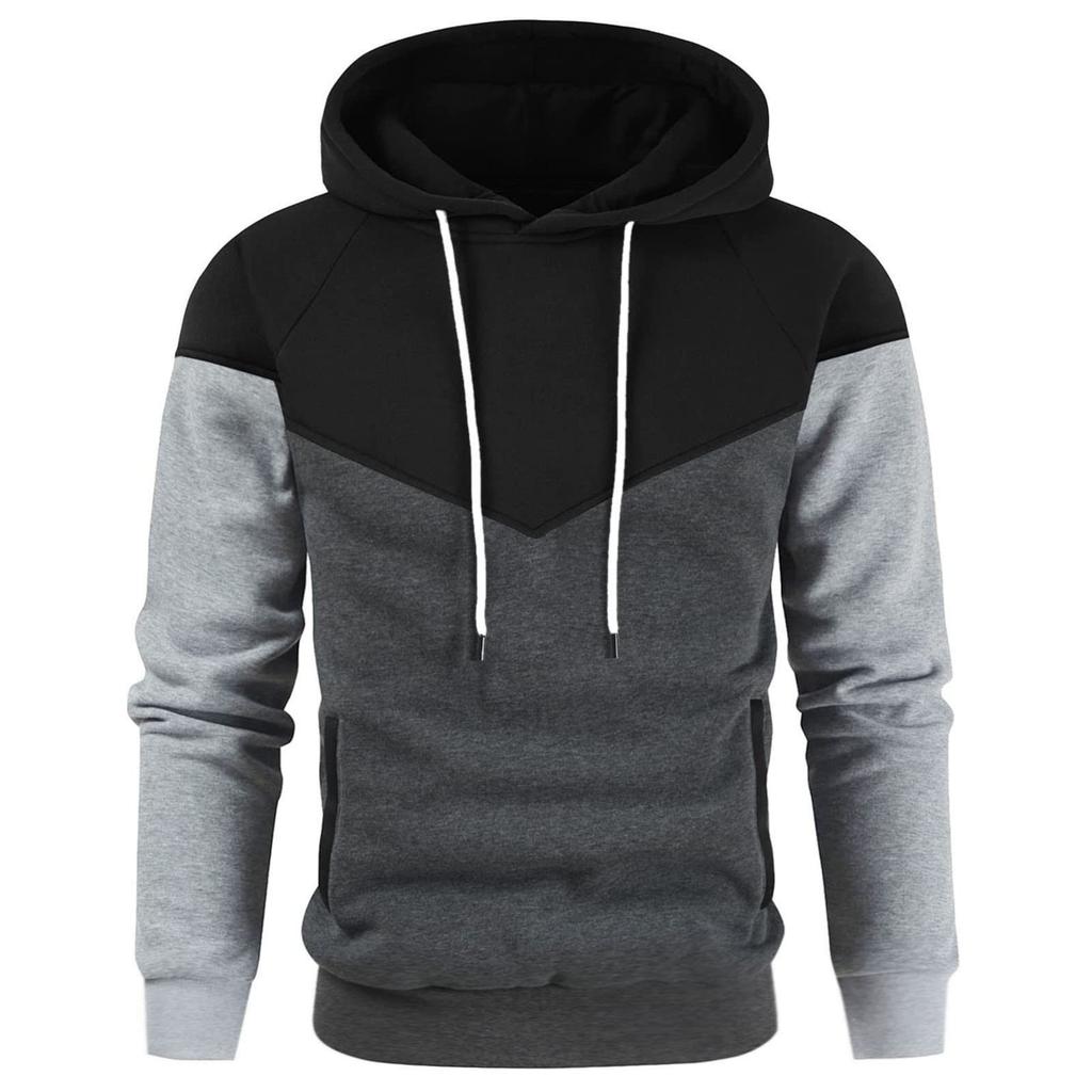 Mens Casual Hoodies Patchwork Drawstring Long Sleeve  Sweatshirt Lightweight Winter Fall Fleece Top With Hood