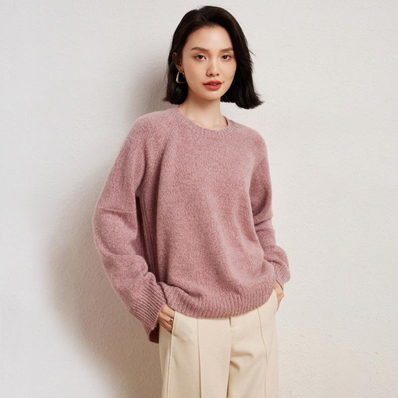Women's Heavyweight Cashmere Sweater - Round Neck Marled Yarn Knit, Loose Long Sleeve