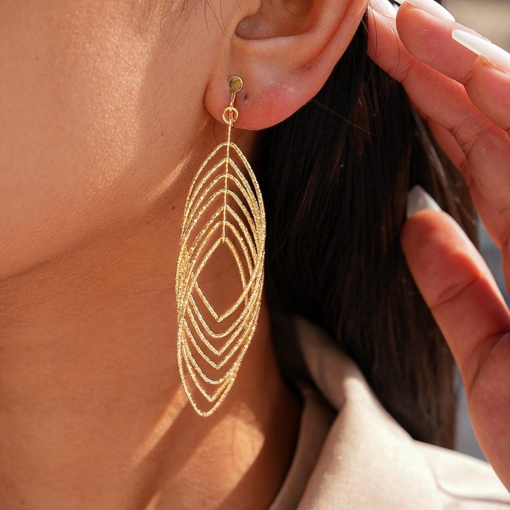 Oval Hollow Long Tassel Dangle Earrings Gold Silver Ear Hook Exquisite Ear Clip Party