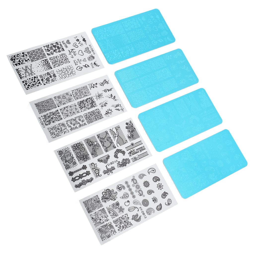 4pcs French Nail Art Stamping Plate Nail Stamping Image Plate Nail Printing Steel Plate with Transparent Films for Nail Polish Artificial Nails