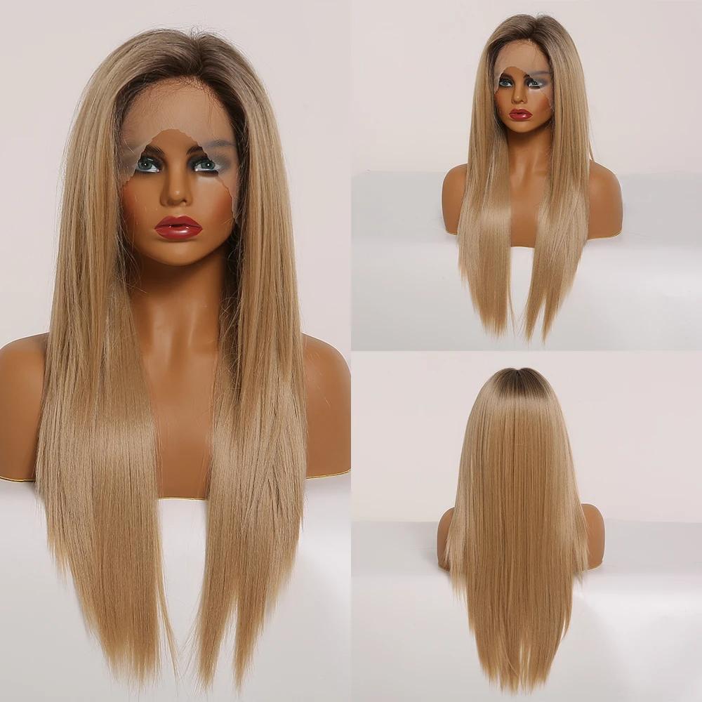 Lange, seidig glatte Spitzenperücke mit T-Teil, hellbraune, blonde Strähnchen-Perücke mit Babyhaar, hochdichte, hitzebeständige Kunsthaarperücke