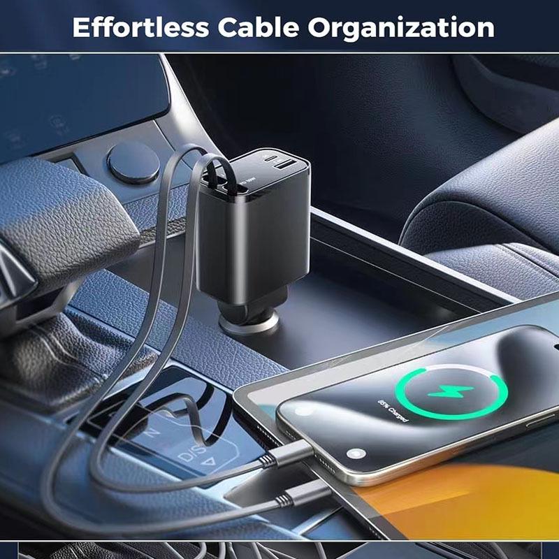 120W Alloy Retractable Car Charger - Four-in-One Super Fast Charging Cable