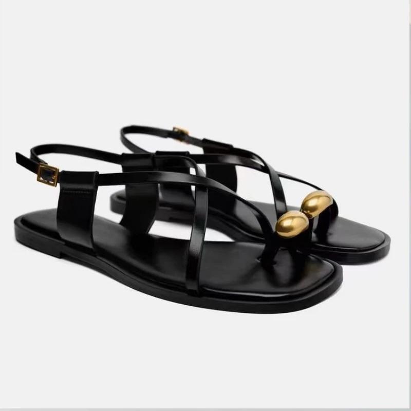 Fashion 2025 Summer Flat Sandals for Woman Fashion Metal Decoration Ladies Footwear Breathable Cross Strap Casual Clip Toe Beach Shoes