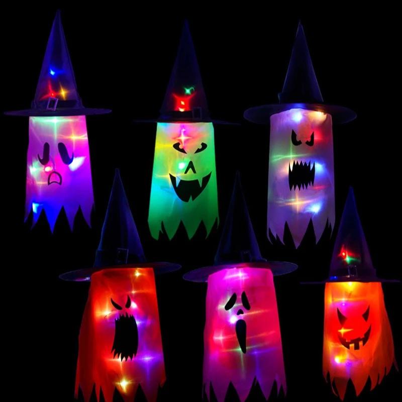 Halloween Glowing Witch Hat Lanterns Hanging Decoration for Garden Porch Room Indoor Outdoor Holiday Party Props Decor