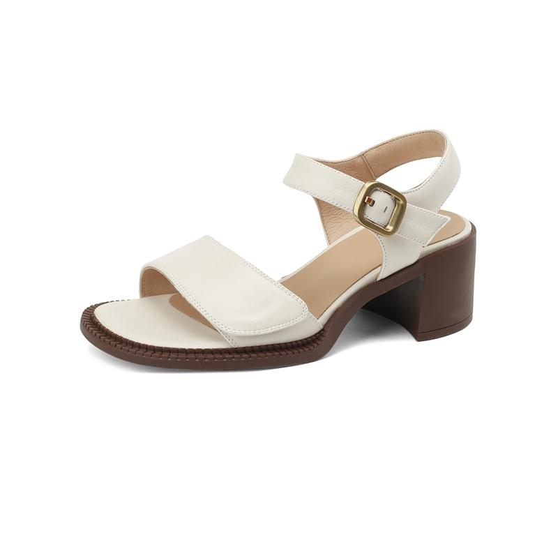 2024 New Square Toe Genuine Leather Sandals Woman Ladies Back Strap Slingbacks Shoes Buckle Square High Heel Sandals Women