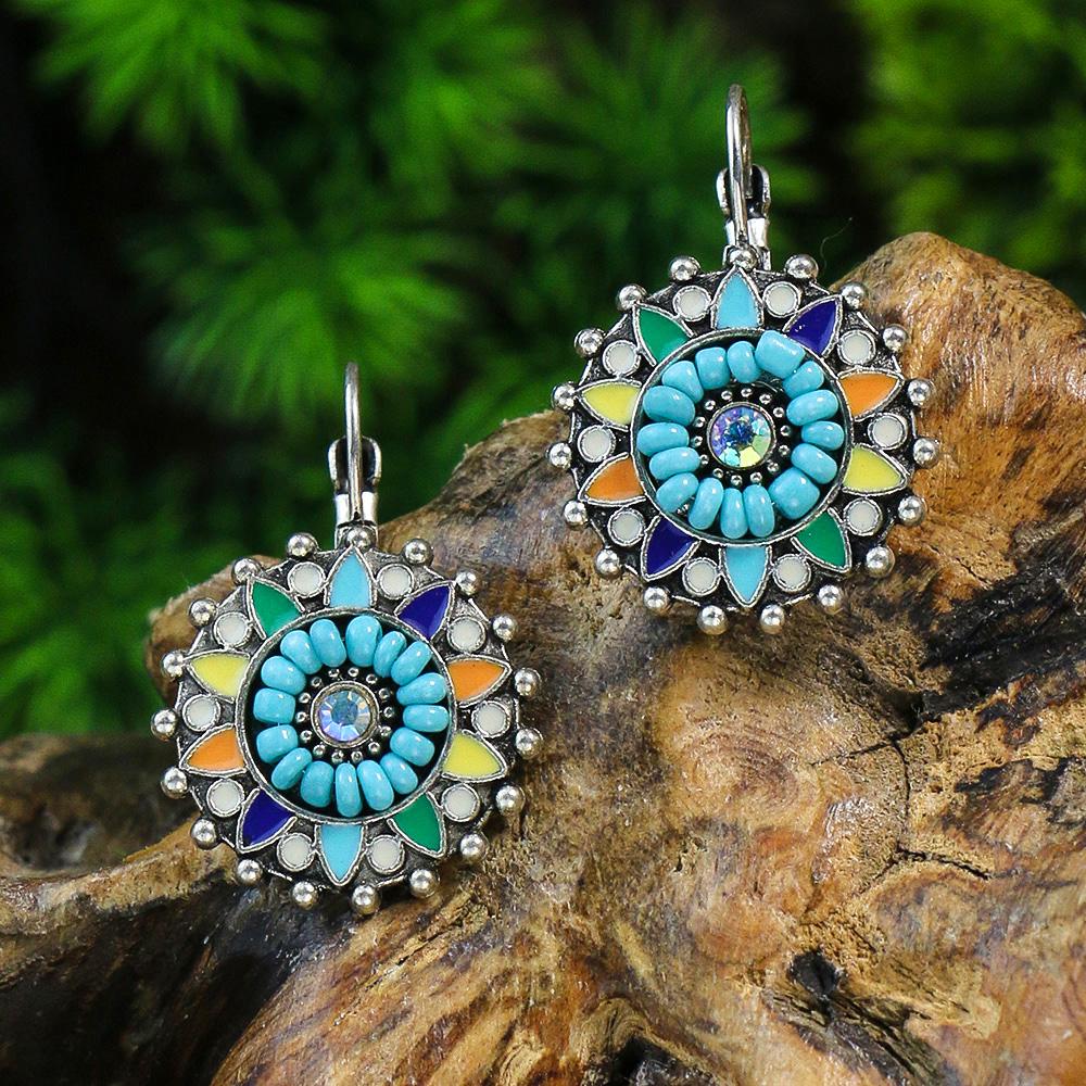 Blue New Alloy Earrings Turquoise Inlaid Bohemian Retro Geometric Round Multi Layered Design Vacation Party Versatile