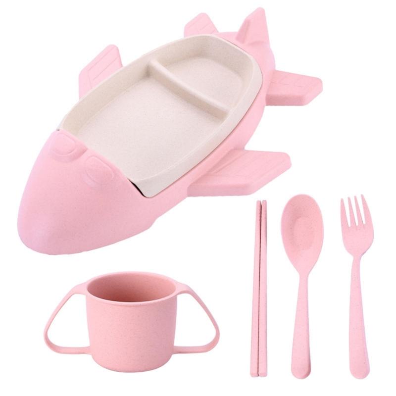 Toddler Dinnerware Set with Cartoon Tray and Cup, 5 Piece Baby Feeding Set with Spoon Fork and Chopsticks for Family Dining