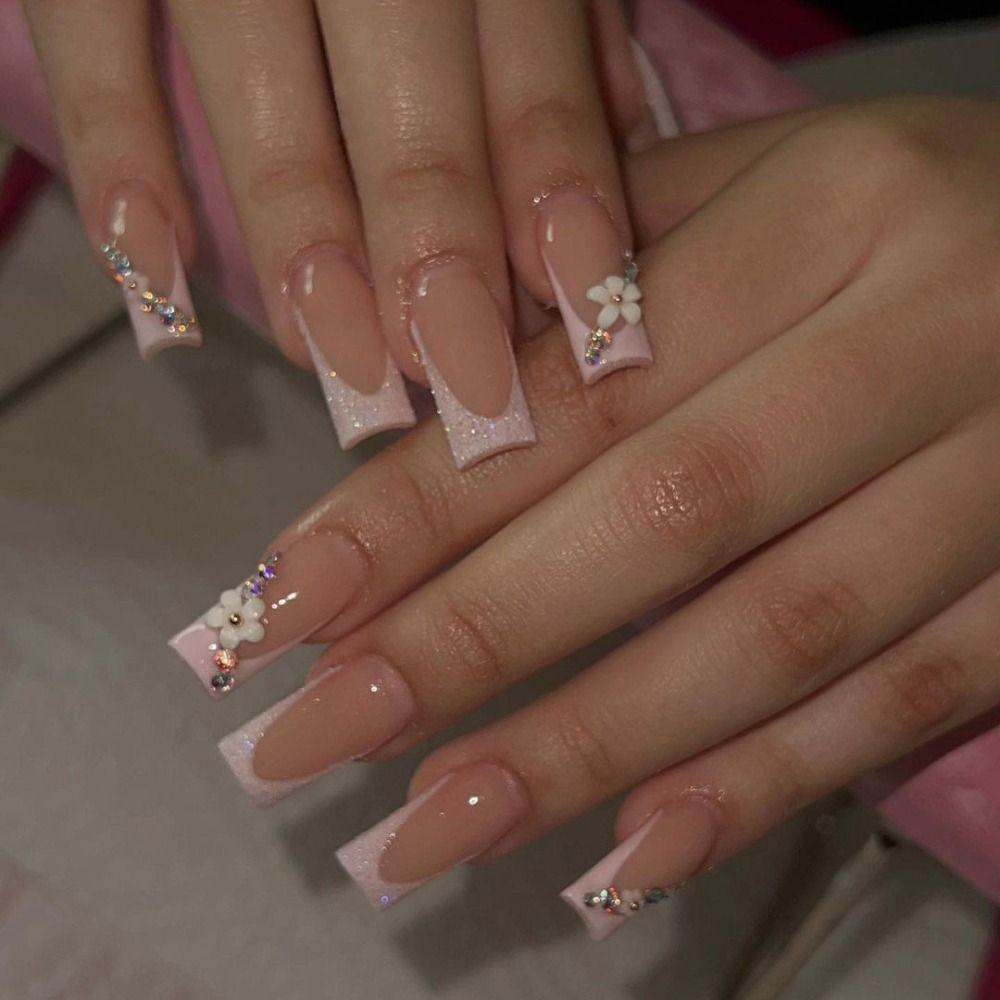 

Glitter Fake Nials Long Square Press on Nails New Nail Tips Women Girls