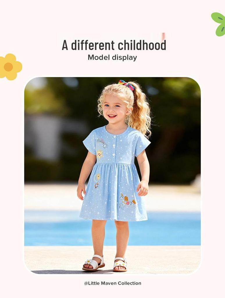 Robe d'été cartoon pour filles Little Maven - Jolie jupe à manches courtes style européen et américain