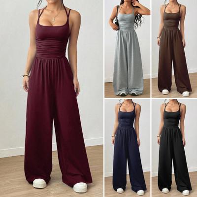 Trainings-Jumpsuits für Damen Spaghettiträger Ärmellos Einteiler Overalls Weites Bein Lange Hosen Strampler Sexy Rückenfrei Yoga-Outfits