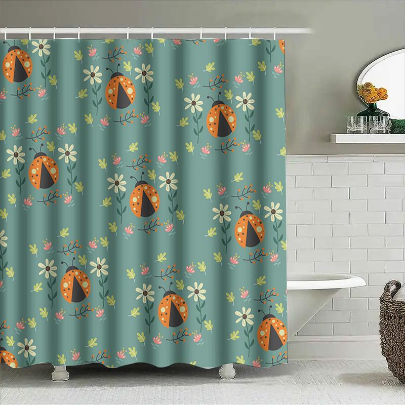 Ladybug Floral Printed Shower Curtain For Bathroom Decor, Quick Dry Waterproof Fabric, Polyester Bath Rug Mat Set Green