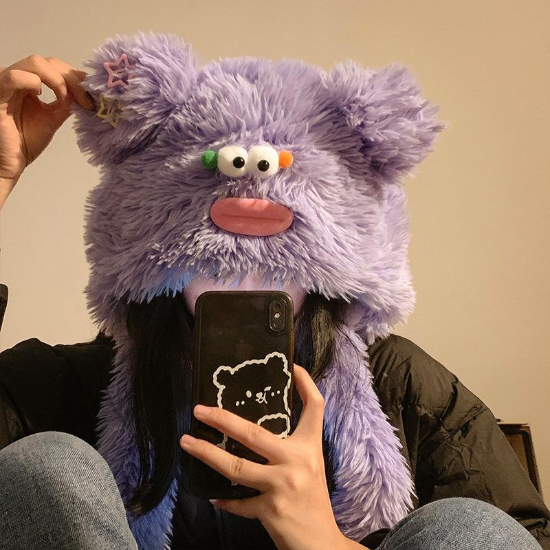 

Плюшевая шапка для женщин, милая осенью и зимой, теплая, плюшевая и утолщенная, забавная, с пушистыми защитниками ушей, новая зимняя шапка от холода фиолетовый