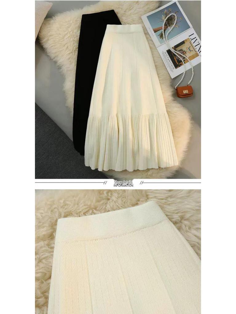 Women's High Waist Ruffle Knit Skirt - Retro A-line, Autumn/Winter, Slimming, Long Hem.