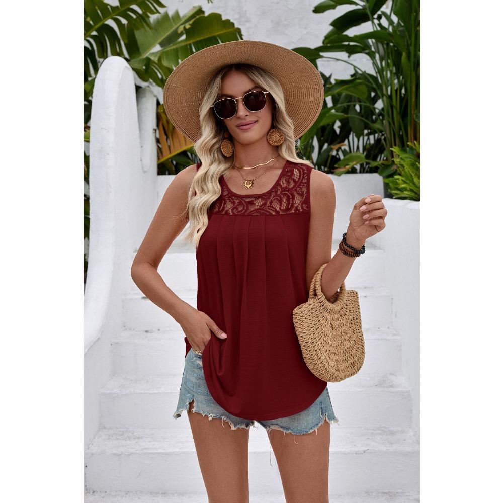 Damen Spitze Hals Falten Ärmellos Tanktop Lässig Rayon Mischung Rundhals Bluse