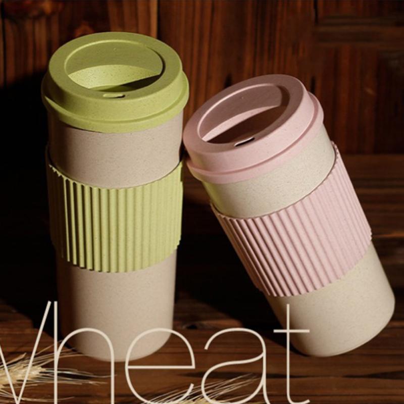 Reusable Coffee Tea  Cup Wheat Straw Mug Coffee Cup With Lid Home Outdoor Water Bottle