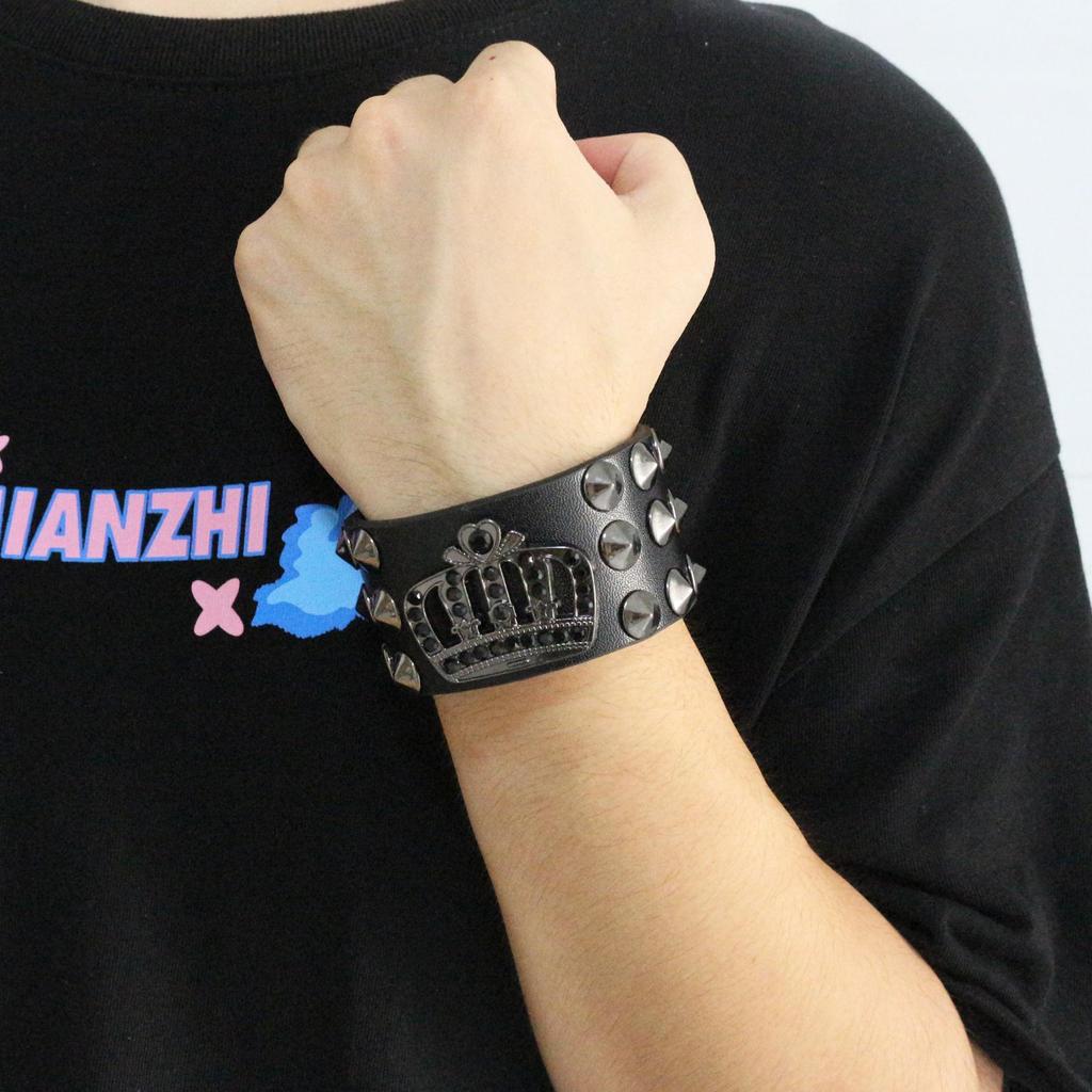 European & American Punk Leather Bracelet with Exaggerated Rivets & Crown Design