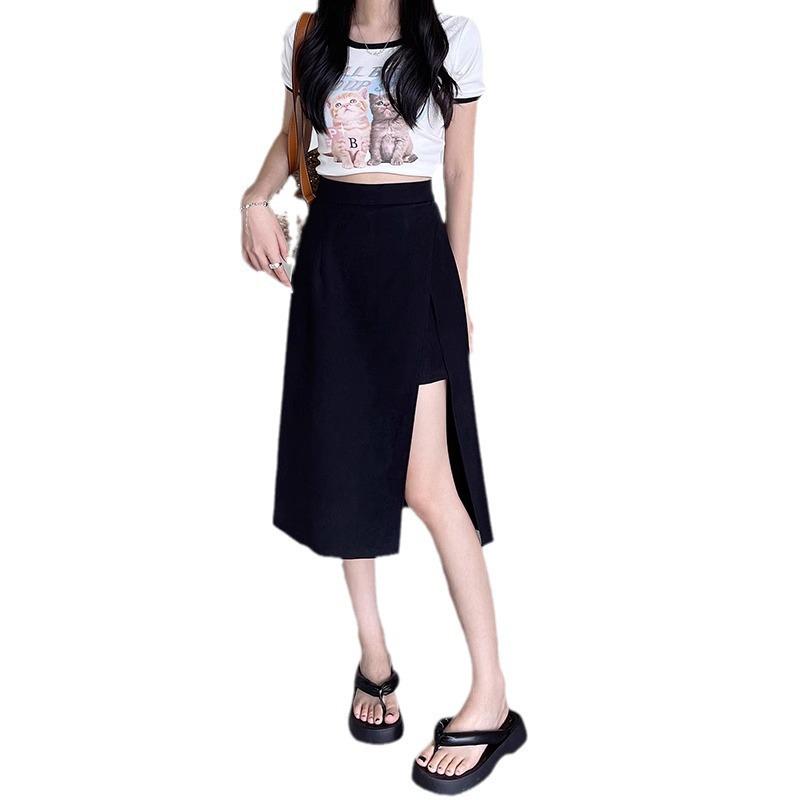 Women's Plus Size Black A-line Midi Skirt - High Waist, Slit, Slimming, Summer Fashion