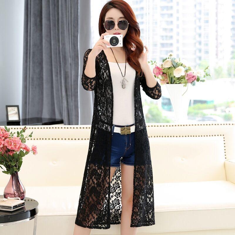 Sommer Damen Spitzen-Strickjacke Sonnenschutzjacke Langarm Plus Size Mittellange dünne Außenschaljacke