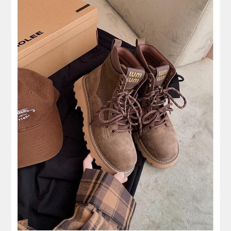 Cowhide Short Boots Double Shoelaces Platform Classic Leather Martin Boots Women's Outdoor Mountaineering Tooling Boots