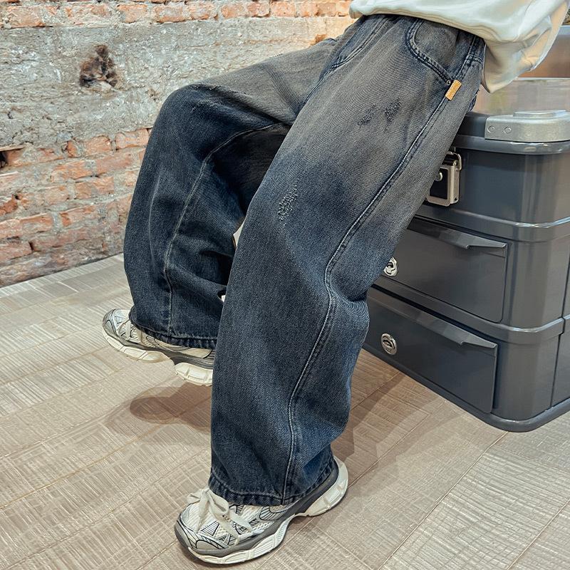 Tenåringsgutter Jeans Barnevide ben Denimbukser for barn Løse lommer Bukser Vår Høst