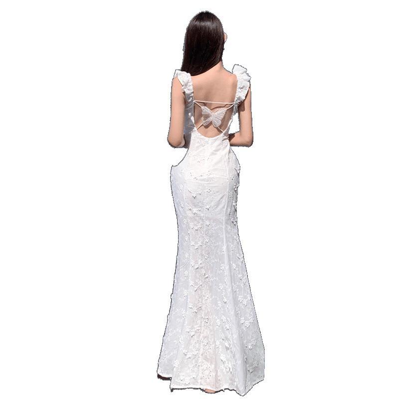 Flowing Mist, Flower Branch Xia Xin Cream White French Lace Slim Flower Dress Women's Summer Vacation