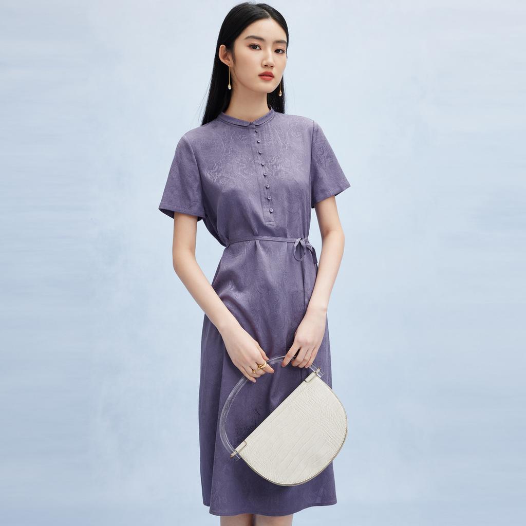 [Dark Pattern Jacquard] Spring/Summer Small Collar Strap Waist Solid Color Fashion Heavy Weight Mulberry Silk Dress for Women