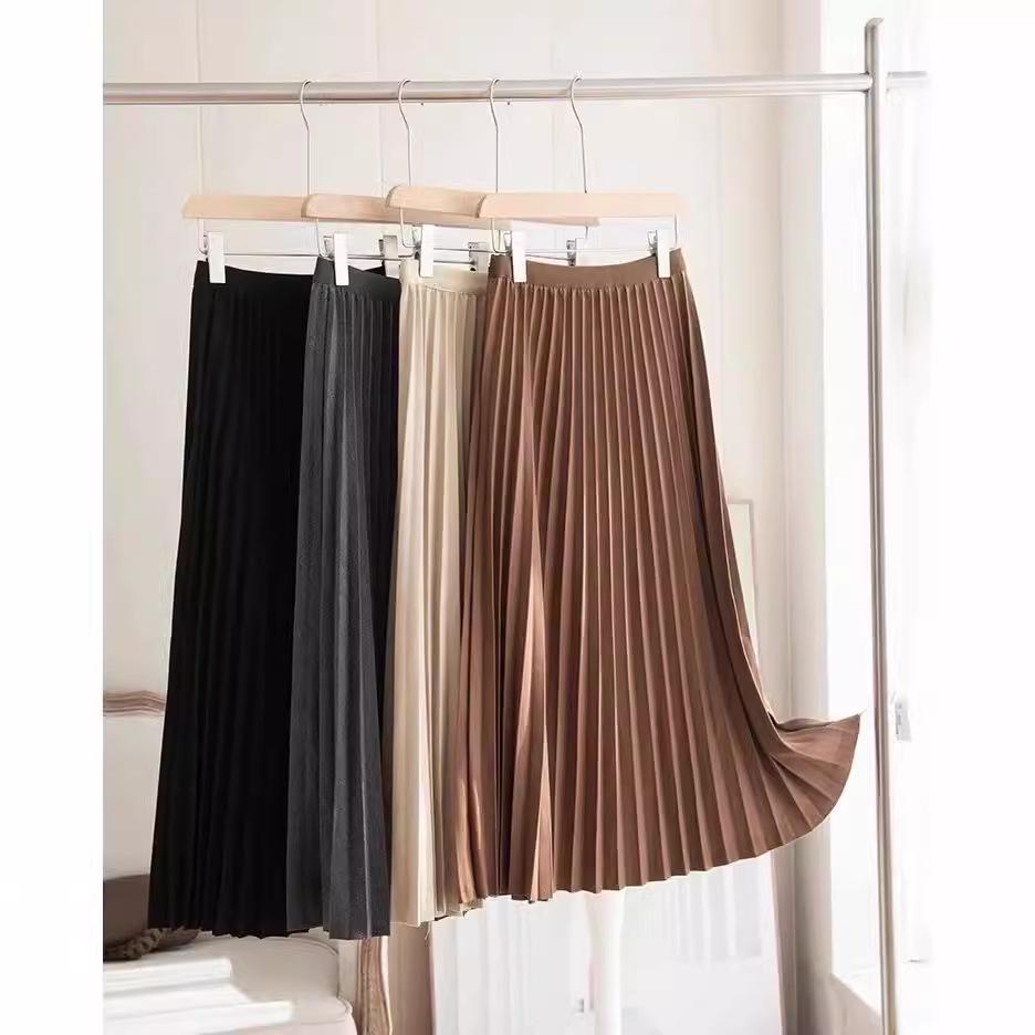 Premium Wool Pleated A-Line Skirt for Women, Korean Style, Versatile for Autumn/Winter, Elegant, High-Quality Midi Length.