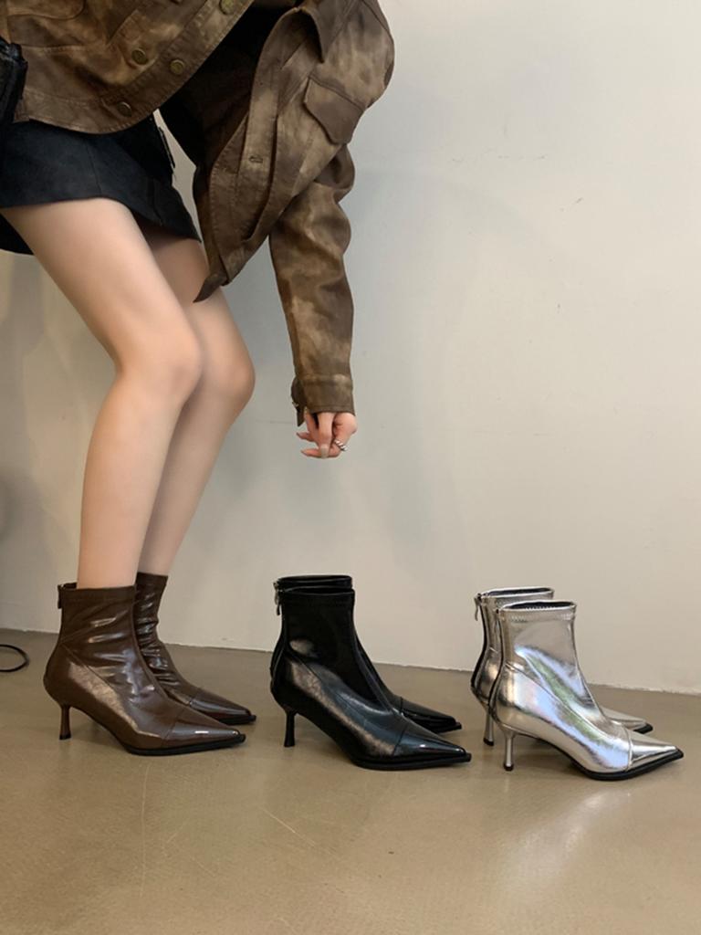 Fashion Black Silver Brown Women Ankle Boots Pointed Toe Short Sock Booties Thin High Heels Back Zipper Solid Color Fashion Dress Shoes