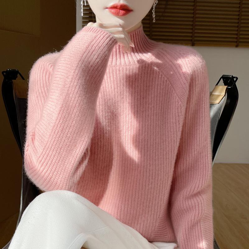 Autumn/Winter Women's High-Neck Wool Ribbed Knit Pullover
