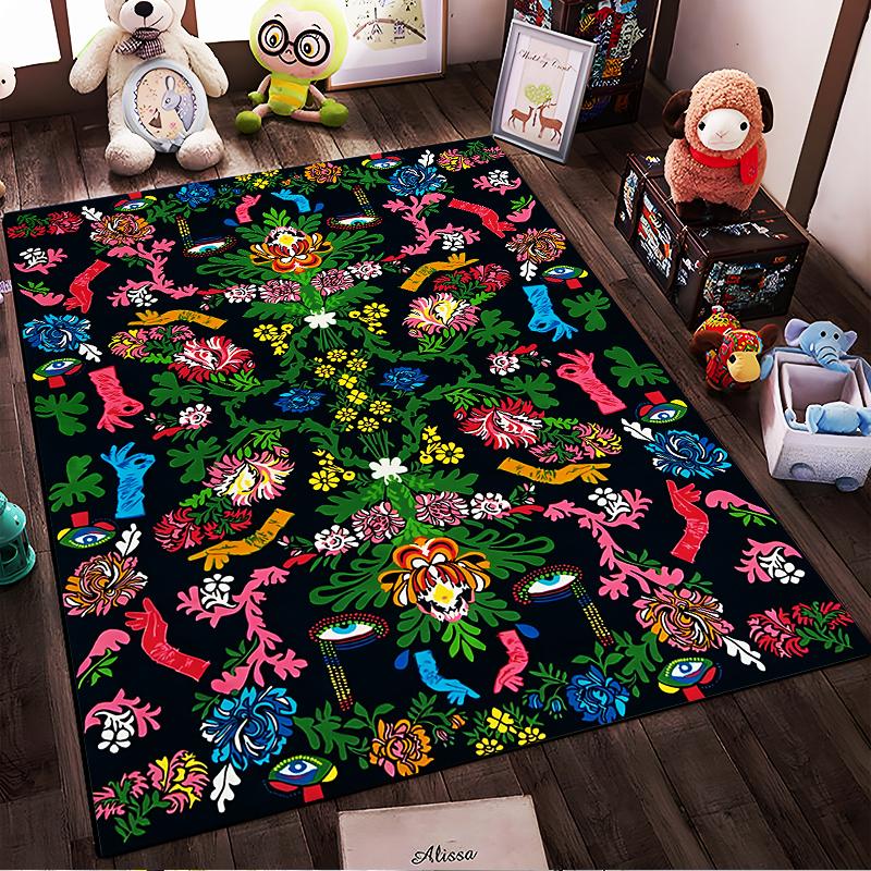 Colorful Artistic Floral Carpet with Eye Symbols and Hand Motifs Suitable for Use As an Anti-slip for Living Room Bedroom Sofas