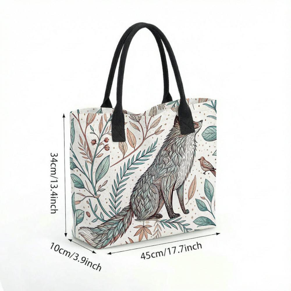 Boho Fox Print Canvas Tote Bag Casual Large Capacity Daily Shoulder Handbag for Women