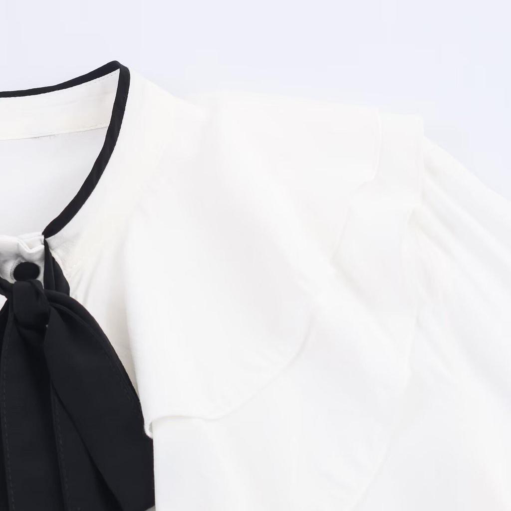 European & American Style Color Block Bow Long Sleeve Shirt