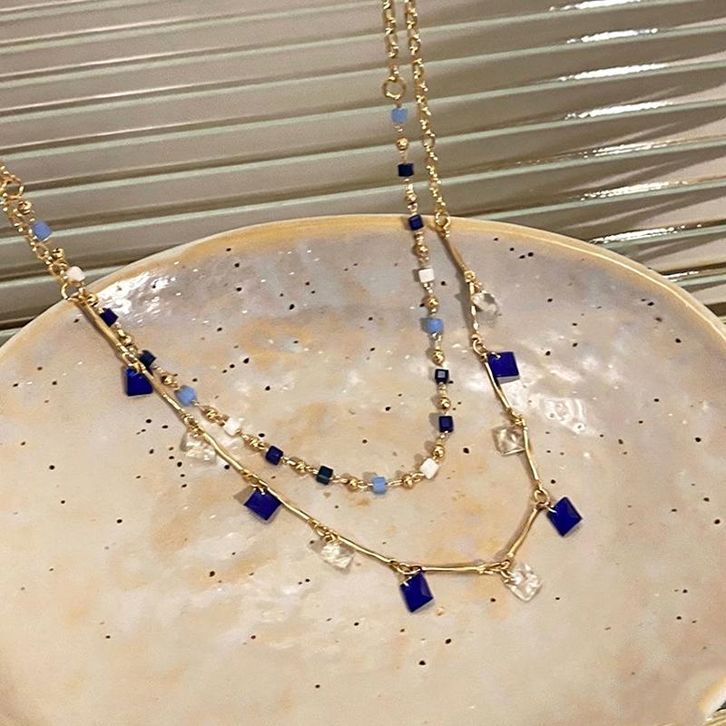Fashion Colored Zircon Bead Necklace for Women Girls Exquisite Geometric Double-Layer Small Square Pendant Necklace Jewelry Gift