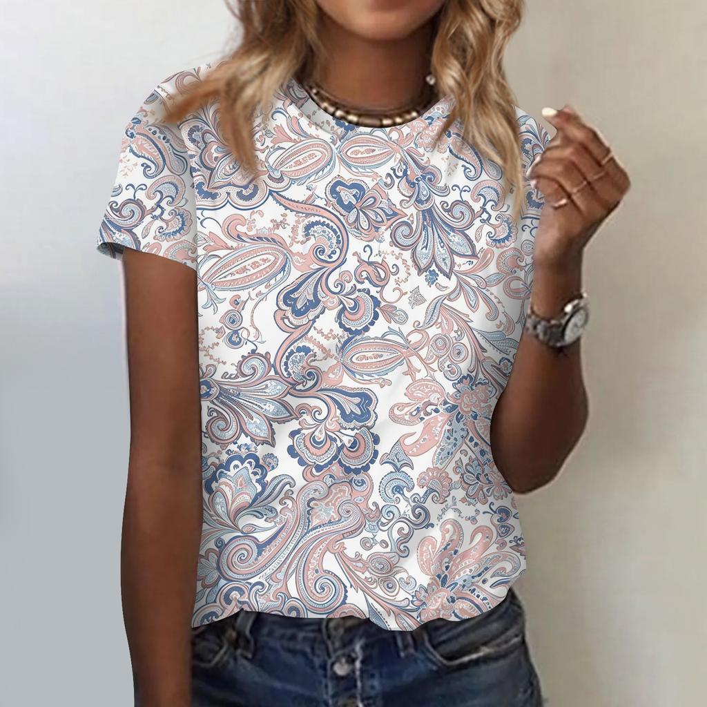 Women's Casual Loose Fit Short Sleeve Top Floral Paisley Print Lightweight Summer Blouse Comfortable Daily Wear