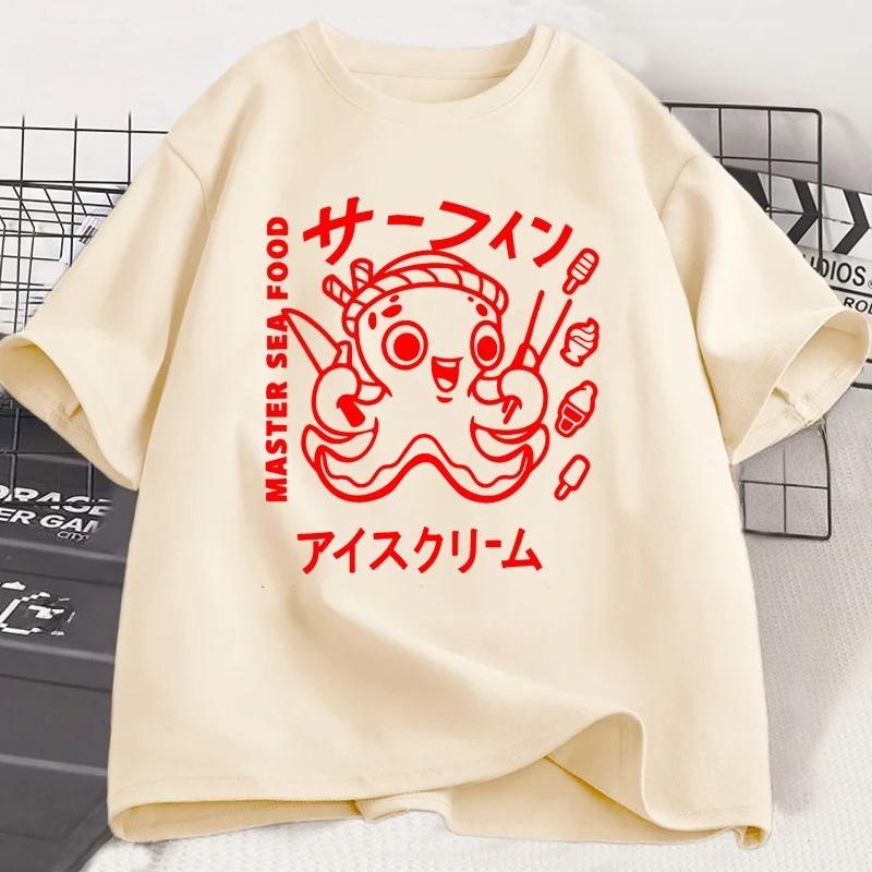 Japanese Octopus Graphic Print T Shirt Funny Y2k Vintage T-shirt for Women Soft Short Sleeve Unisex Casual Tops Women Clothing
