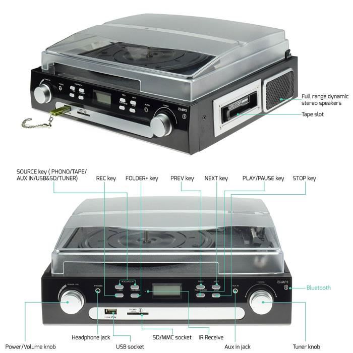 Digitnow! Bluetooth gramofon, kazetový přehrávač, rádio a pomocný vstup s USB portem a SD kódováním - Tele...