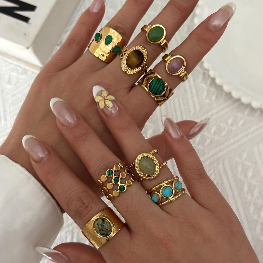 Stainless Steel French Vintage Ethnic Color Gemstone Ring for Women Punk Personality Stackable Open Finger Ring Hand Jewelry