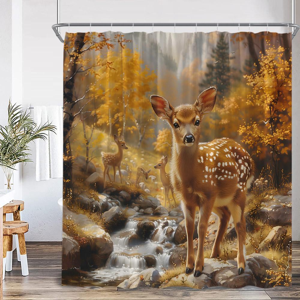 Herbstwald Duschvorhang Hirsch Hochlandrind Tiger Wildtier Natur Herbstlandschaft Badezimmerdekoration Polyester Duschvorhang