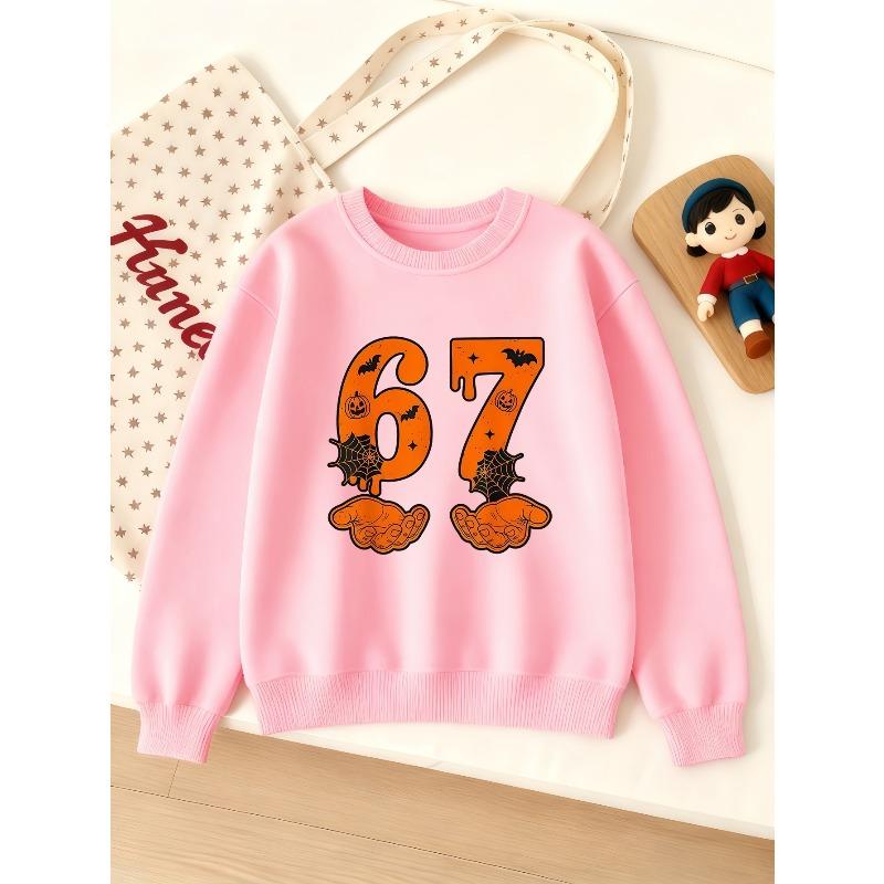 Kids Unisex Crewneck Sweatshirt, Halloween Pumpkin Bat Spider Web Hand Orange Dripping 67 Print Pullover, Sweatshirt for Boys Girls Over 4 Years Old