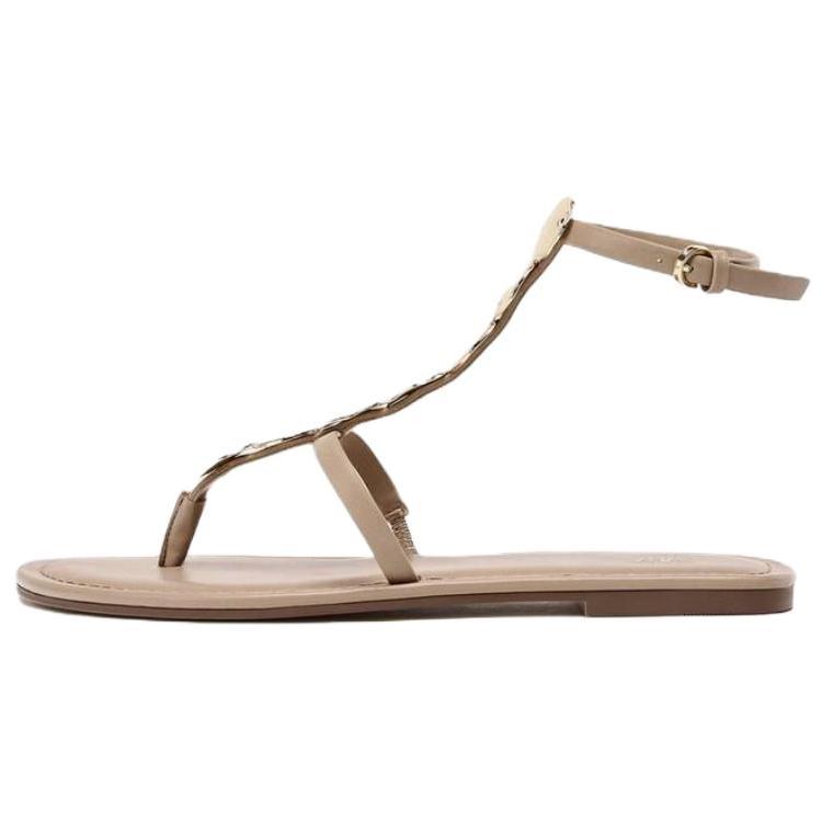 ZARA Leather Thong Ankle Strap Flat Sandals Beige Womens 2613510098 38