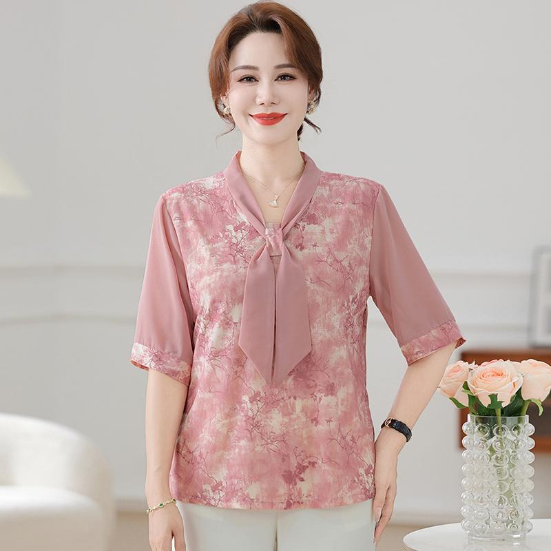 Plus Loose Blouse Tie T-shirt Tops Middle-aged Mom Summer Shirt Casual Forest Style Cool Plus Size Temperament Clothing