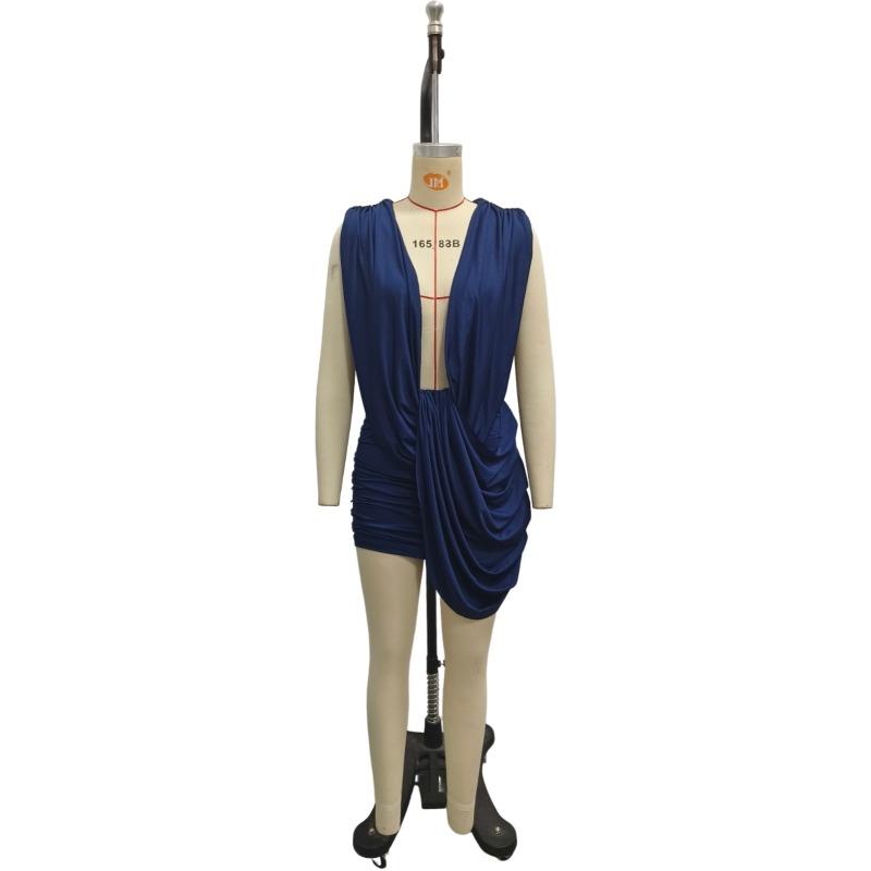 Women S Sexy Deep V Neck Pleated Bodycon Mini Solid Color Dress