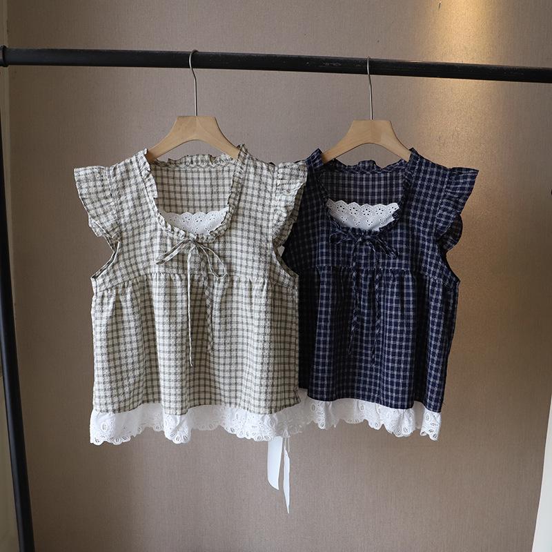 2025 Korean Style Sleeveless Plaid Lace-Trim Tie Top 3998
