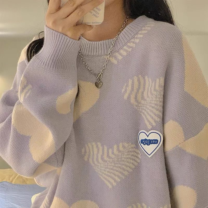 

Heart Shaped Jacquard Women s Sweater Round Neck Knitted Long Sleeved Pullover Warm Winter Fashion Loose Woman Casual Top Onesize светло-фиолетовый