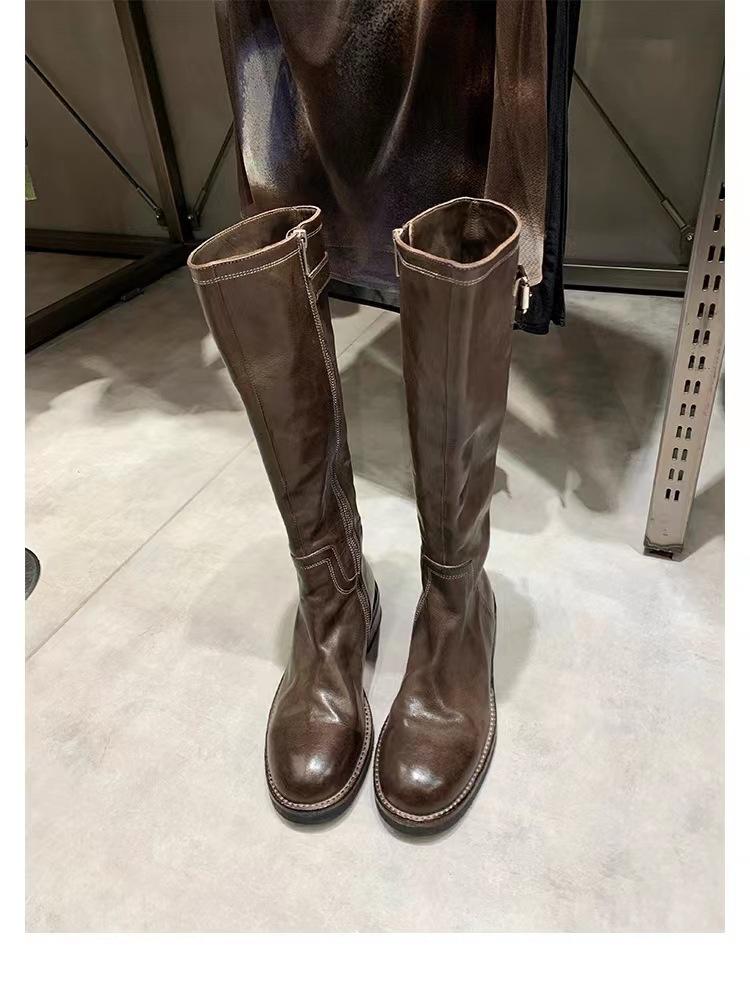 

Washed cowhide~ Genuine leather black retro boots versatile and thin thick heel knight boots women s boots tall boots 35