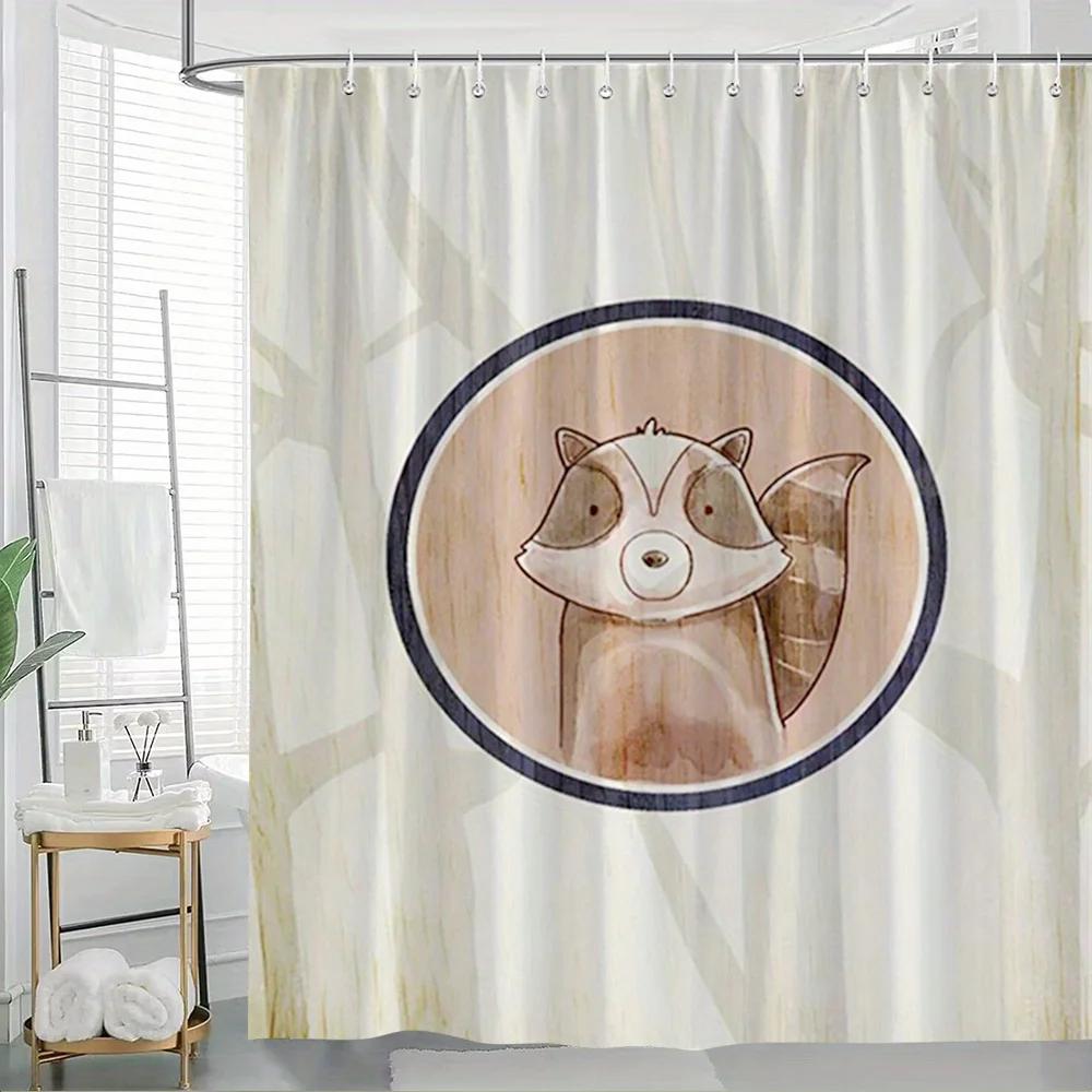 

Whimsical Raccoon Shower Curtain - Cartoon-Style Design, Forest Beige Background, Black & White Mask W60H190(CM)-1 Pcs