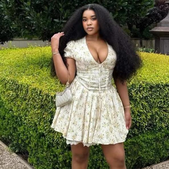 European and American French slim-fit fashion floral V-neck high-waisted dress women s African new women s clothing temperament elegant short skirt S