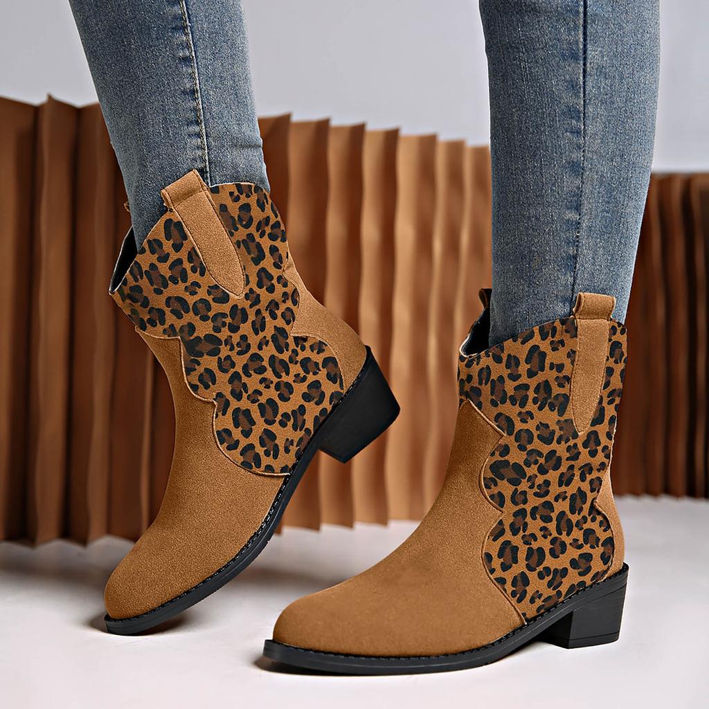 Tall Leather Boots For Women Low Heel Wide Calf Women'S Casual Fashion Middle Heel Leopard Chunky Heel Pointed Zapatos De Mujer